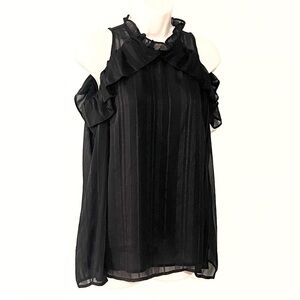 NEW Wayf Cold Shoulder High Ruffle Neck Long Sleeve Blouse Top Black Medium